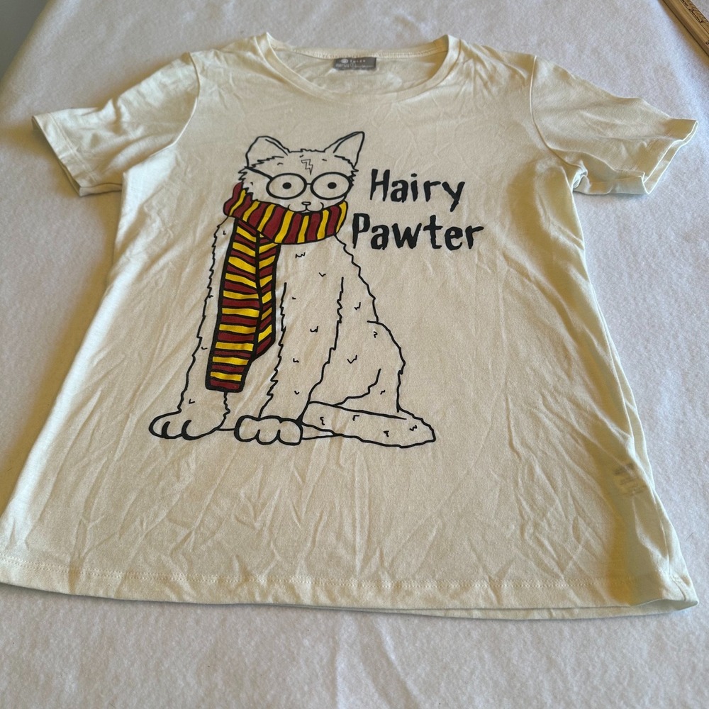 Fuego Hairy Pawter Harry Potter Cat Graphic T Shirt Cream Relaxed Scoop Neck S